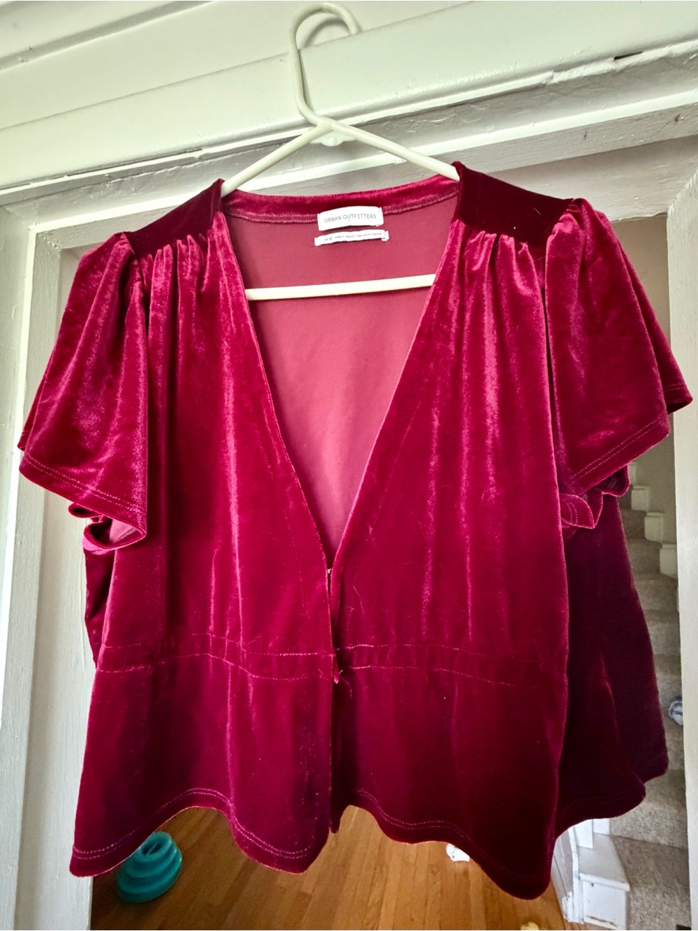Urban Outfitters Velvet V-Neck Short Sleeve Top in Berry Red